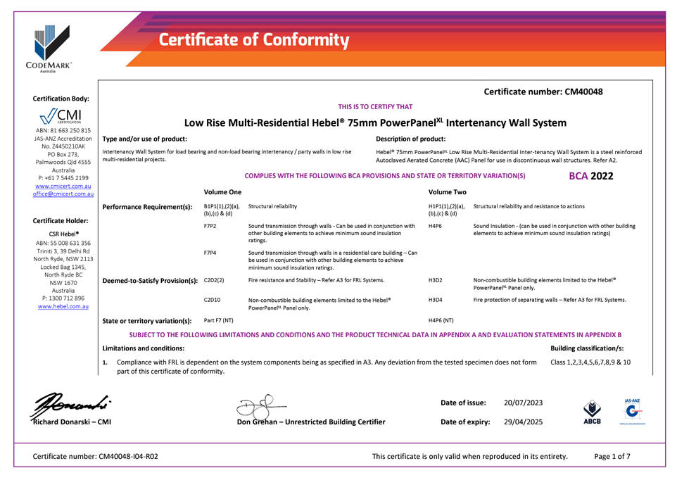 PowerPanelXL (Intertenancy Walls) CodeMark