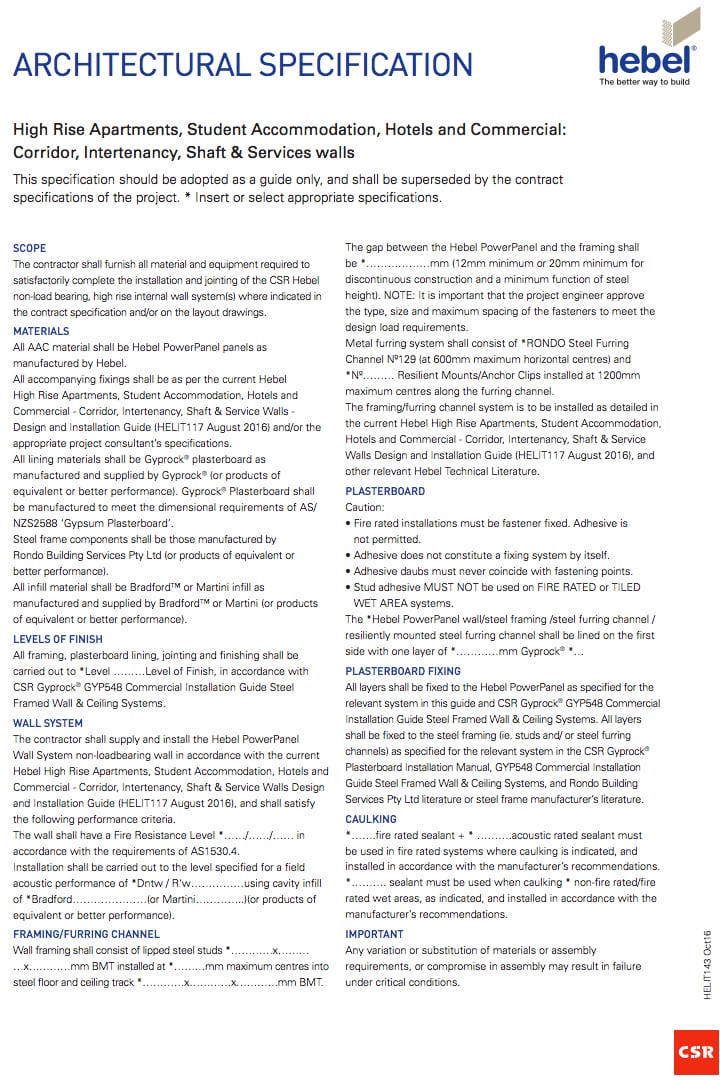 Apartments Internal wall systems Architectural Specification Sheet