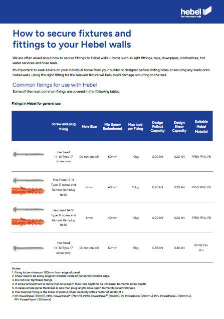 Common Fixings to Hebel Table