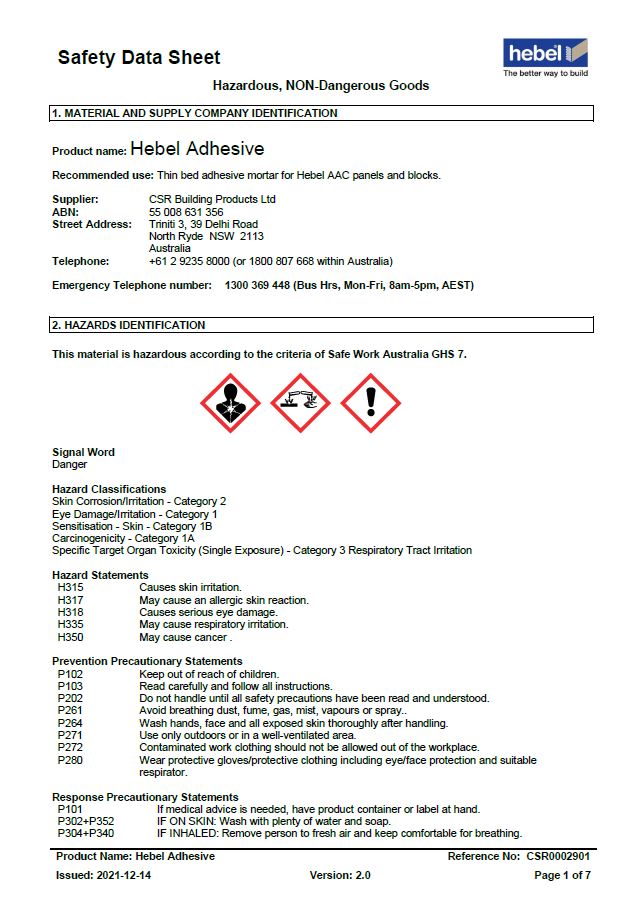 SDS Hebel Adhesive